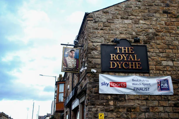 General view of The Royal Dyche pub outside Turf Moor, home stadium of Burnley named after Sean Dyche the head coach / manager of Burnley during the...