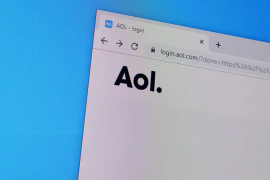 Homepage of aol website on the display of PC, url - aol.com.