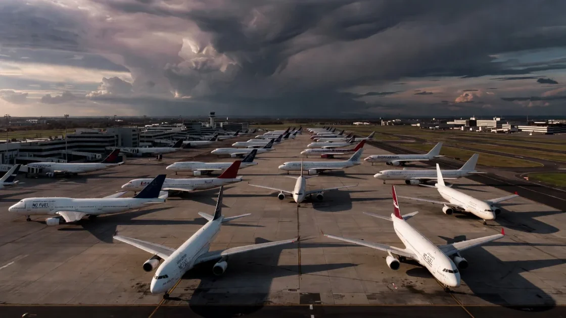 Un avion commercial sur le tarmac d'un aéroport, symbolisant la menace de pénurie de kérosène sur le transport aérien