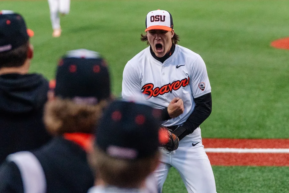 Oregon State pitcher Aiden May reacts as the No. 9 Beavers host the No. 22 Oregon Ducks in a college baseball game on Friday, April 26, 2024, at Goss Stadium in Corvallis. The Beavers took a game one 2-0 victory over the Ducks.