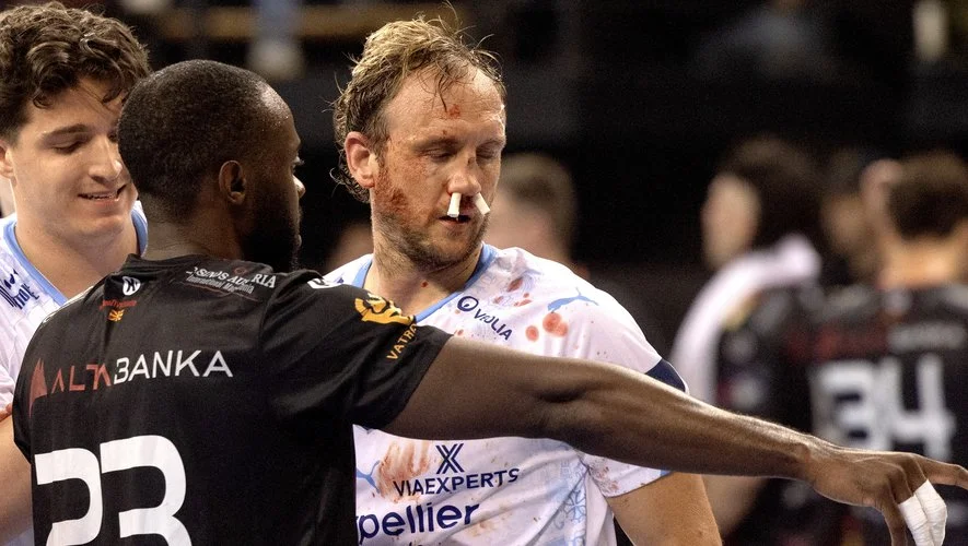 Valentin Porte, le valeureux capitaine du MHB, n’a pas pu terminer le match, salement blessé au nez.