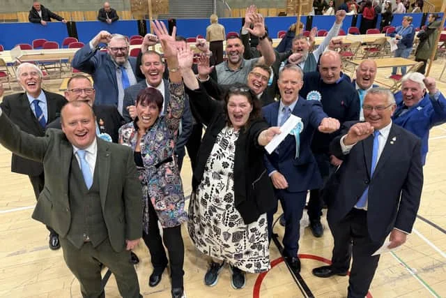Reform UK councillors and supporters after their landslide victory at the 2026 Hartlepool Borough Council elections.