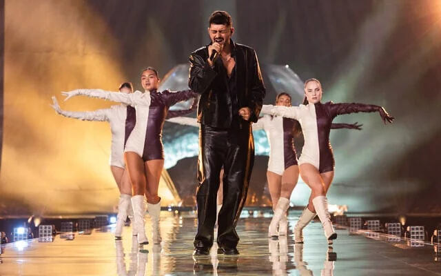 Israel's Noam Bettan performs during his first rehearsal on the Eurovision stage in Vienna, Austria, May 3, 2026. (Corinne Cumming/EBU)