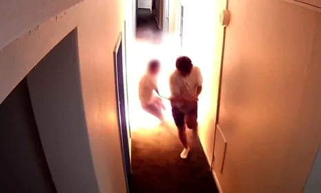 CCTV footage of two people escaping when a lithium-ion battery exploded at a hostel in Darlinghurst in October 2023.