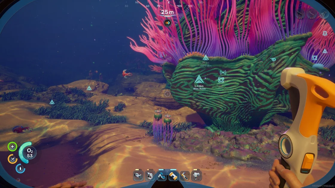 The player can be seen looking towards a Necrolei Cyst in the Anemone Hills biome in Subnautica 2.