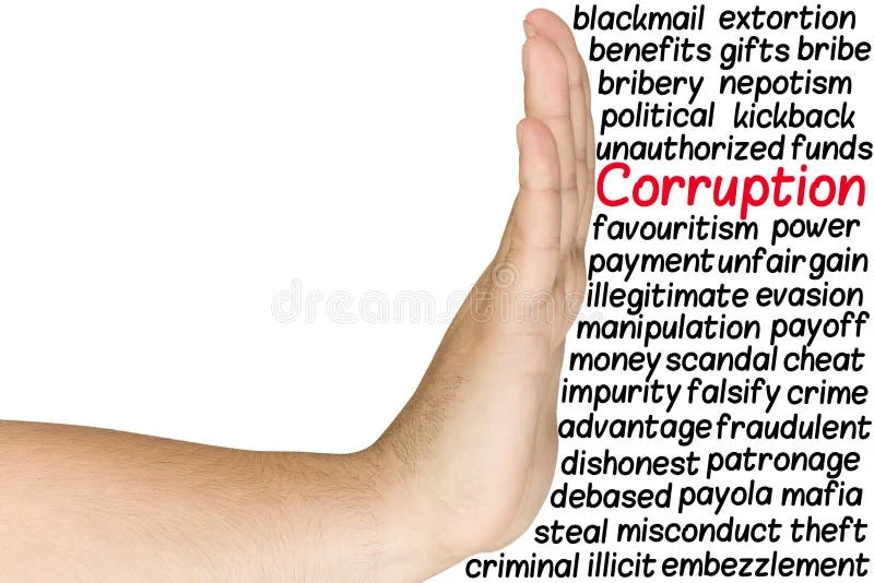 Concept shot featuring male hand in a halt gesture to reject corruption isolated on white background. Corruption stock images, royalty-free photos and pictures