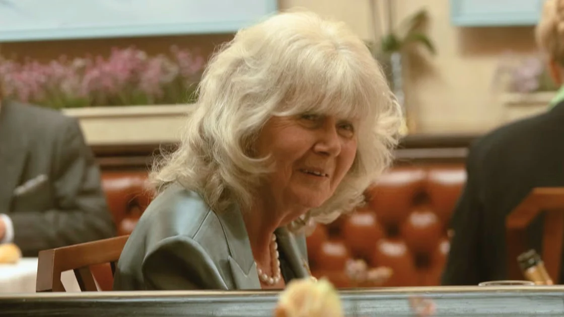 A screenshot of Jilly Cooper&#039;s cameo in Rivals season 1 episode 5