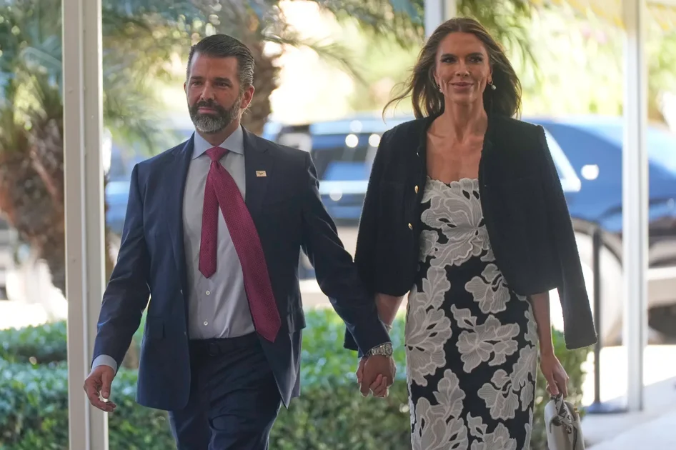 Donald Trump Jr. and Bettina Anderson arrive at Mar-a-Lago in Palm Beach, Florida, on February 1, 2026.