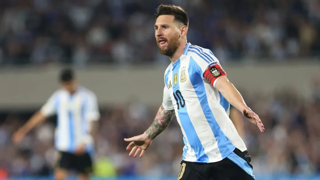 Lionel Messi of Argentina celebrates after scoring the team&#039;s fifth goal during the FIFA World Cup 2026 South American Qualifier match between Argentina and Bolivia.