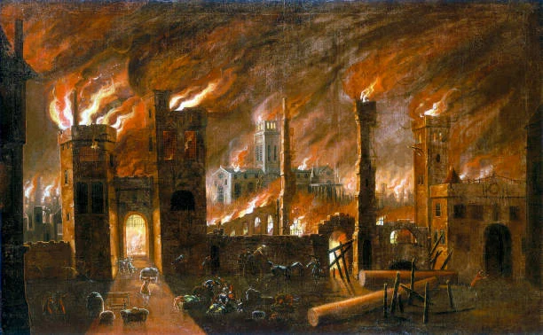 'The Great Fire of London, 1666', . View looking towards the west facade of old St Paul's Cathedral, seen from Blackfriars, slightly south of...