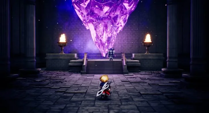 A character in Final Fantasy Resonance approaches a large, glowing purple crystal in a temple setting with a knight standing on a platform.