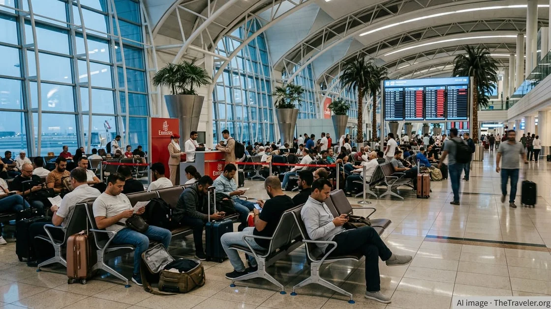 Crowded Dubai airport hall with stranded Emirates passengers and cancelled flights on screens.