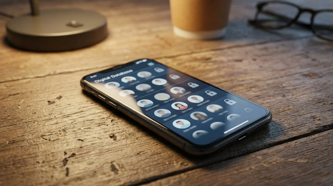 Smartphone affichant une interface de base de données avec des icônes de profils floutés