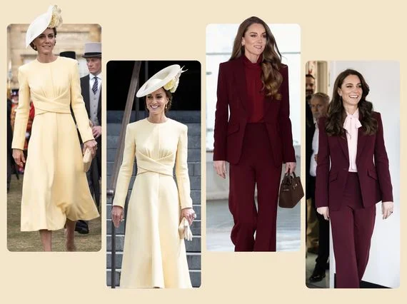 Four images of the same woman wearing different outfits two in a lightcolored dress and two in burgundy suits