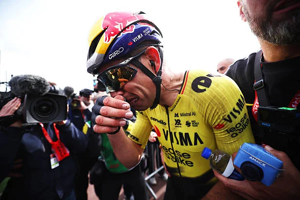 Race winner Wout van Aert of Belgium and Team Visma | Lease a Bike reacts after the 123rd Paris-Roubaix Hauts-de-France 2026 - Men's Elite a 258.3km...