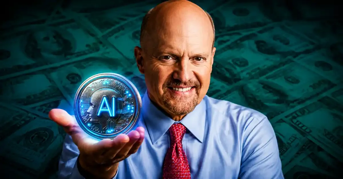 Jim Cramer holding a glowing AI tech coin over a background of dollar bills.