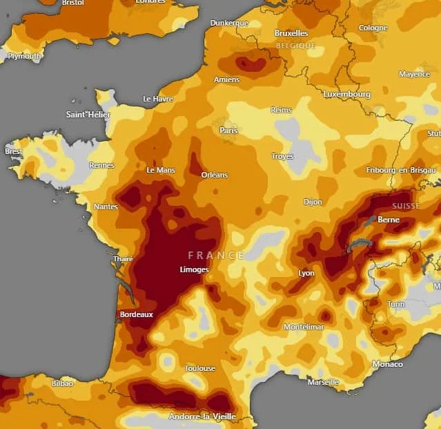 L'état de la sécheresse de surface (agricole) en France le 19 août 2025. © Windy