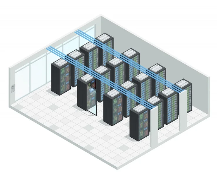 Vecteur gratuit composition intérieure isométrique du serveur de centre de données en cloud computing