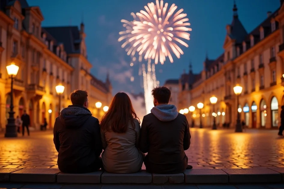 Groupe d'amis assis sur des marches d'une place historique de Lille regardant un feu d'artifice dans le ciel
