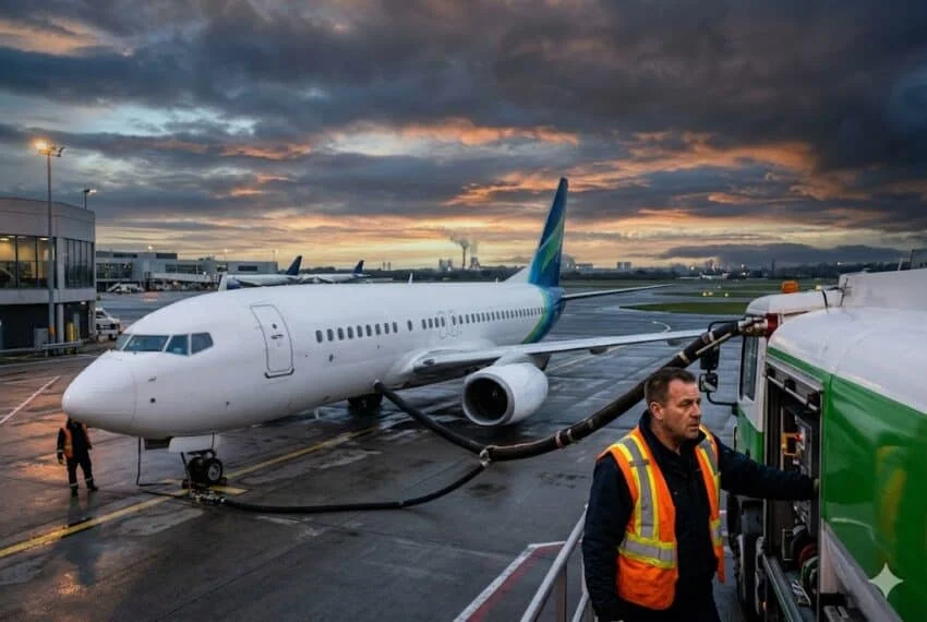 Airline fueling at sunset with airplane on tarmac.