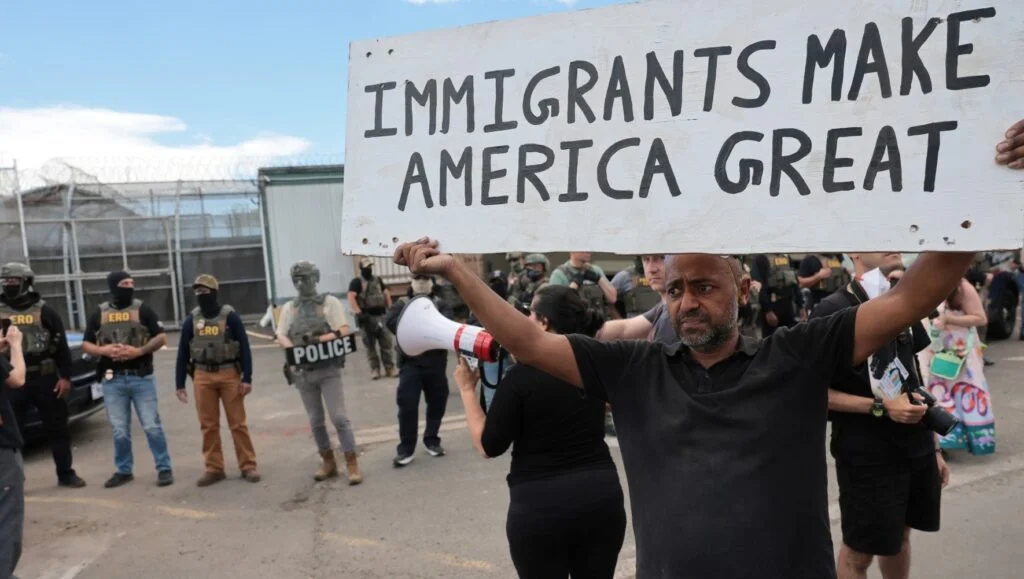 Protesters gather outside the federal immigration center at Delaney Hall in Newark, where ICE is housing detained immigrants on May 28, 2026 in Newark, New Jersey. (Photo by Spencer Platt/Getty Images)