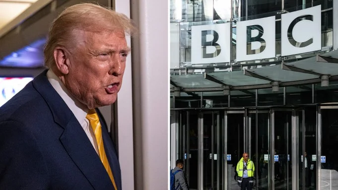 Donald Trump on November 14, 2025 and the BBC headquarters in London