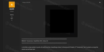 Screenshot of a forum post in which a threat actor claims to have stolen 1.16 million patient records allegedly associated with Transtreme, HealthNet-CMC, and Aetna-CA. The screenshot has been cropped to show the opening portion of the lengthy post, with contact information and other sensitive details redacted by BreachNews.