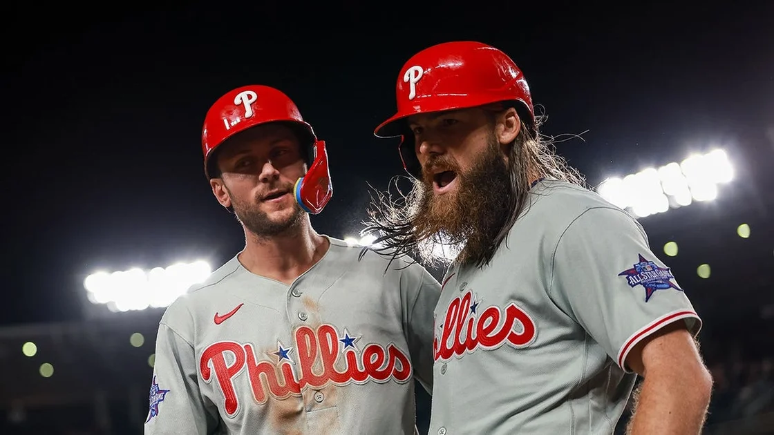Brandon Marsh and Trea Turner celebrating at Nationals Park in Washington, D.C.