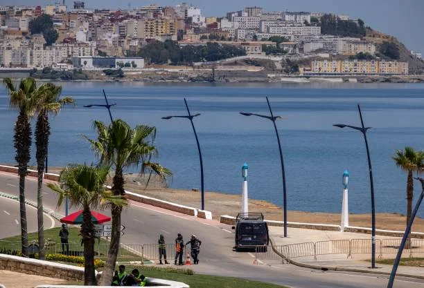 General view shows Morocco's Fnideq border crossing with the Spanish enclave of Ceuta , on May 31, 2022. - Morocco and Spain have reopened the land...