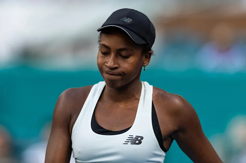 Mar 26, 2026; Miami Gardens, FL, USA; Coco Gauff of the United States reacts after a point against Karolina Muchova of the Czech Republic in the semi-finals of the women's singles at the Miami Open at the Hard Rock Stadium. © Mike Frey-Imagn Images