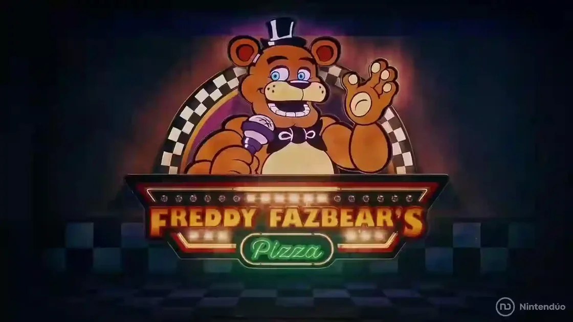 Cartel luminoso de Freddy Fazbear's Pizza con Freddy saludando, anuncio del restaurante real en el American Dream Mall