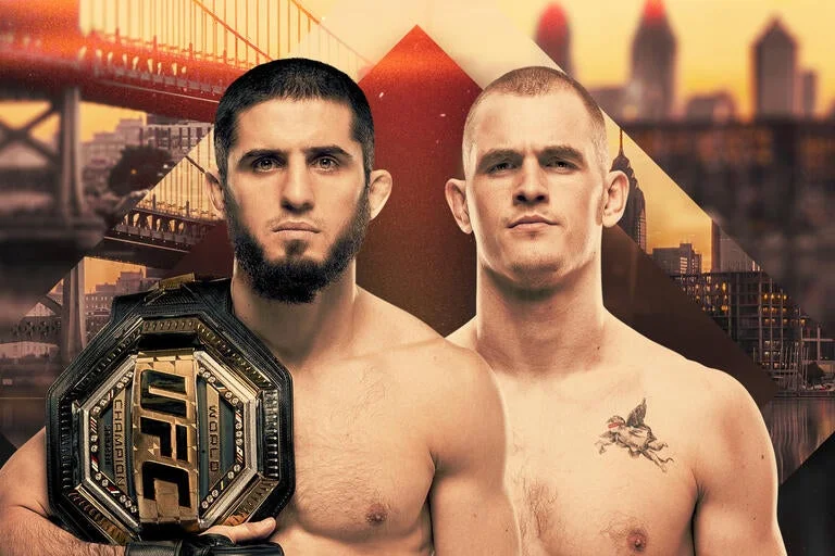 UFC welterweights Islam Makhachev and Ian Machado Garry over a yellow and black skyline of Philadelphia