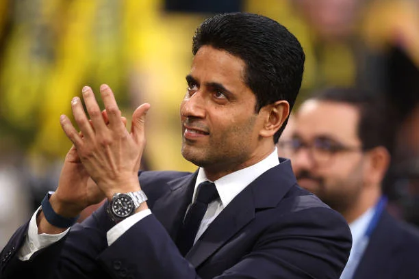 Nasser Al-Khelaifi, President of Paris Saint-Germain, applauds the fans prior to the UEFA Champions League semi-final first leg match between...