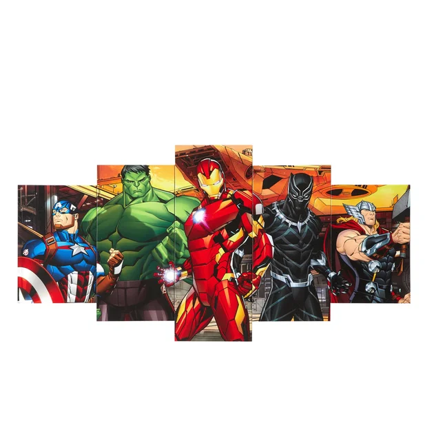 Marvel Avengers Captain America, Hulk, Iron Man, Black Panther and Thor 5 Piece Canvas Printed Wall Art Décor Set, Overall...