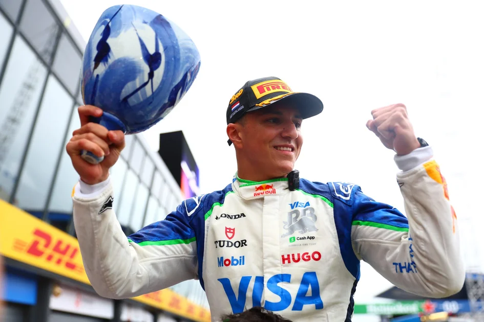Third placed Isack Hadjar of Racing Bulls celebrates after the F1 2025 Dutch Grand Prix | Getty Images / Red Bull Content Pool