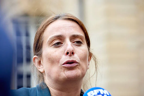 French green party Les Ecologistes general secretary Marine Tondelier speaks to the press as they leave a meeting with France's Prime Minister, which...