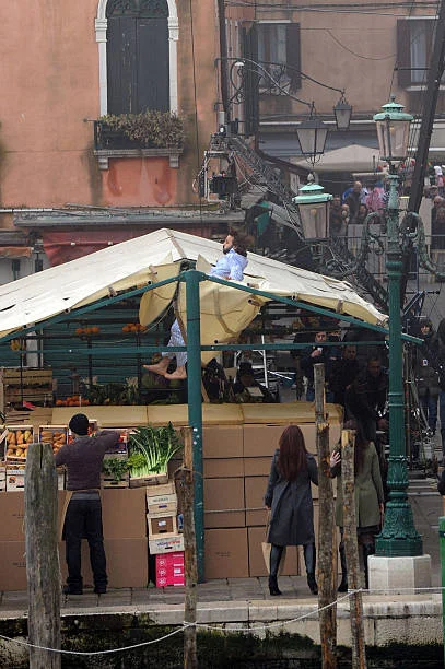 Stuntman leaps from a blacony during the filming of "The Tourist" at the Mercato del Pesce on March 15, 2010 in Venice, Italy.