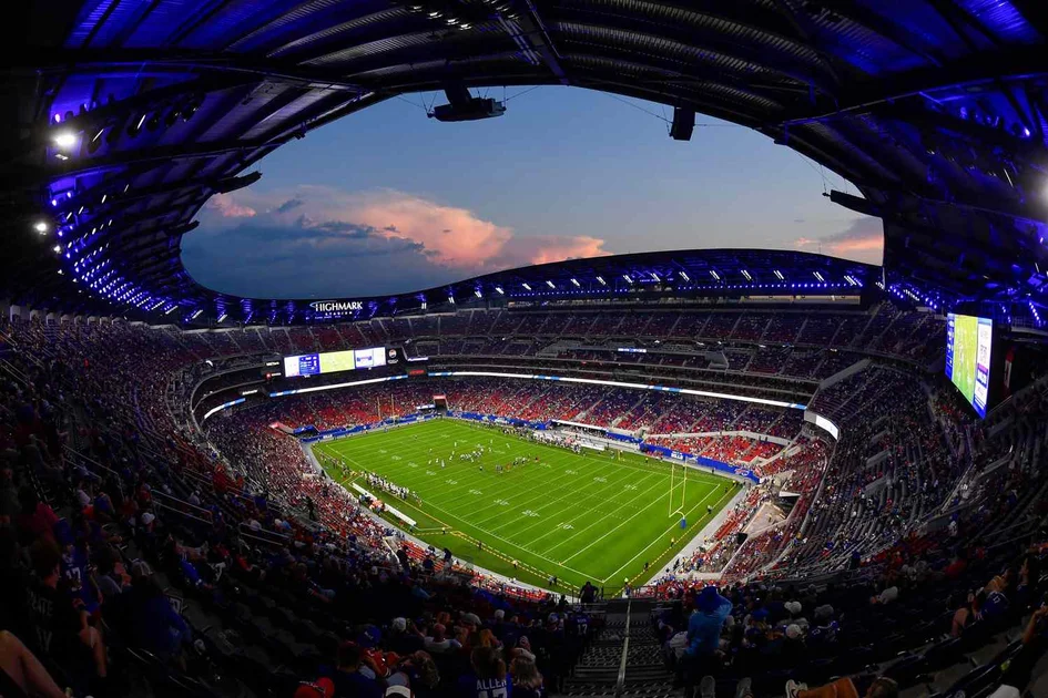 Overall view of Highmark Stadium during Buffalo Bills practice at the team's NFL football training camp Saturday, Aug. 8, 2026, in Orchard Park, N.Y.