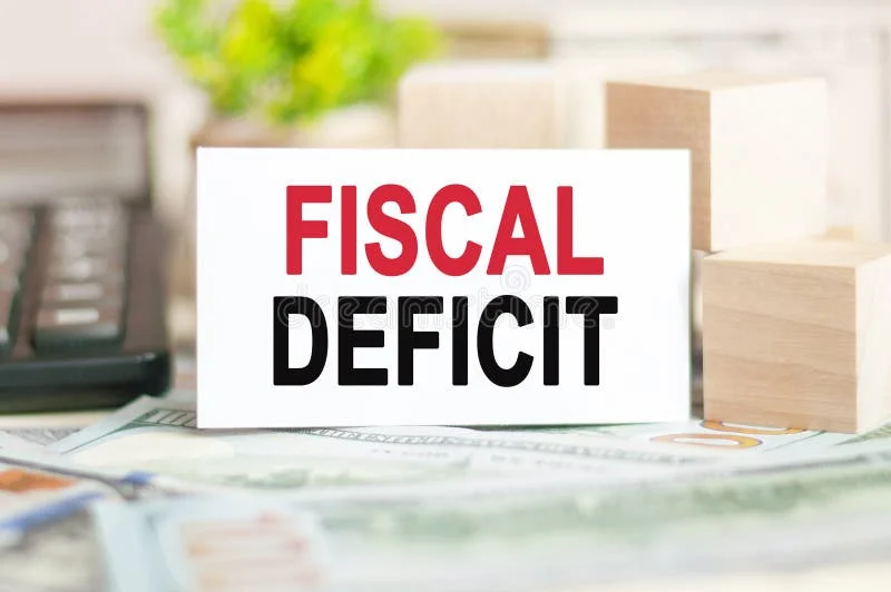 The words FISCAL DEFICIT is written on white paper card near a wooden cubes, banknotes, black calculator and green plant in the background. Business, Financial and Education concept. Deficit fiscal stock images, royalty-free photos and pictures