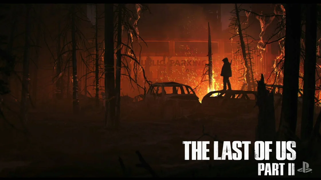 Silhouette of a person standing on burning cars in a forest at night. — The Last Of US Picture