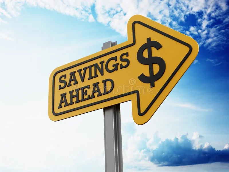 Savings ahead signboard on blue sky. Savings ahead signboard on blue sky