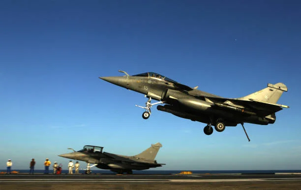 Rafale fighter jet lands on the French Navy aircraft carrier Charles de Gaulle operating in the Gulf on February 24, 2015. French aircraft carrier,...