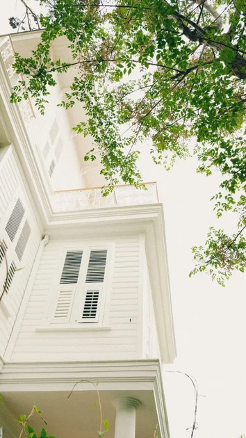 Gratuit Vue en contre-plongée d'une façade de maison traditionnelle blanche avec des feuilles vertes, capturant la tranquillité et la simplicité. Photos