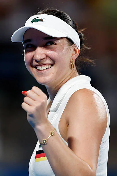 Eva Lys of Germany reacts in the Group F Women's Singles match against Iga Swiatek of Poland during the United Cup at Ken Rosewall Arena on January...
