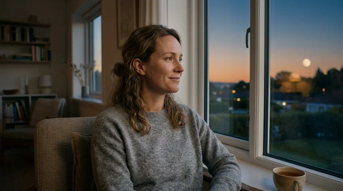 Femme sereine devant une fenêtre sous la pleine lune