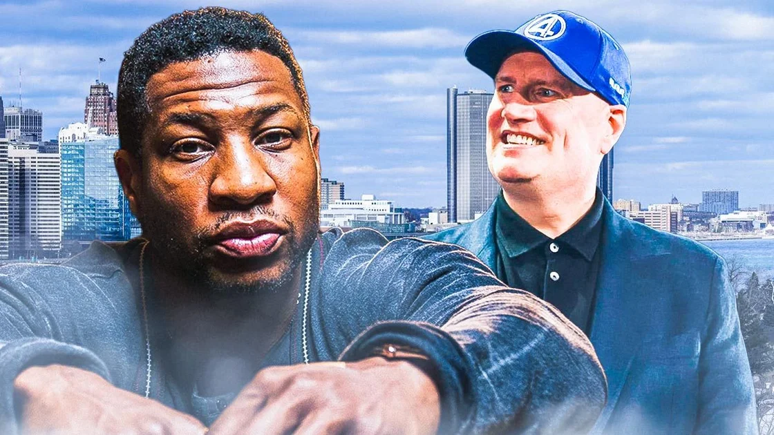 Former Marvel star Jonathan Majors, who was fired after his assault conviction, next to MCU head Kevin Feige and skyline background.