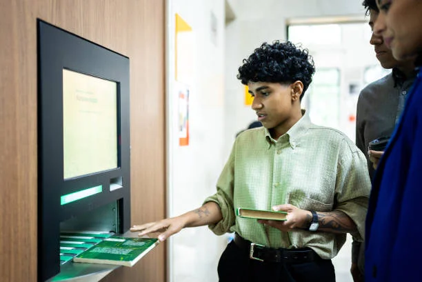 jeune femme utilisant la caisse en libre-service pour emprunter des livres à la bibliothèque - emprunter photos et images de collection