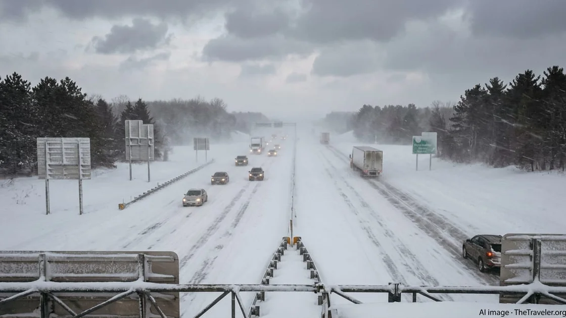Cars and trucks crawl along a snow-covered interstate near Green Bay during a blizzard.